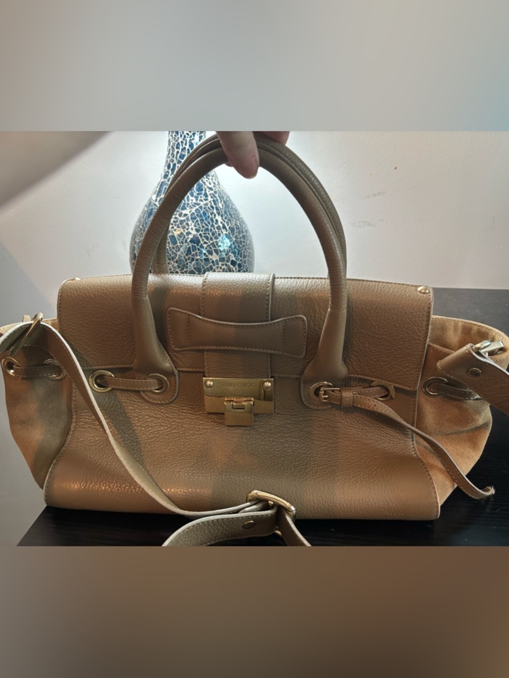 Authentic Jimmy Choo Rosalie Satchel – Camel Grainy Calfskin